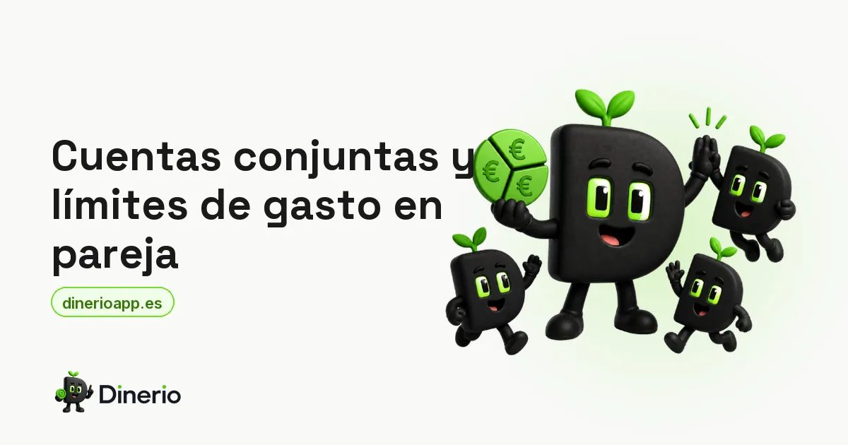 La mascota de Dinerio repartiendo una moneda junto a otras mascotas de Dinerio, junto al título del artículo sobre cuentas conjuntas y límites de gasto en pareja