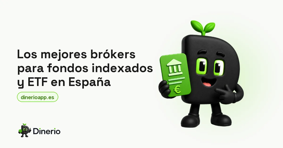 La mascota de Dinerio sosteniendo una tarjeta verde con el icono de un banco, junto al título del artículo sobre los mejores brókers para fondos indexados y ETF