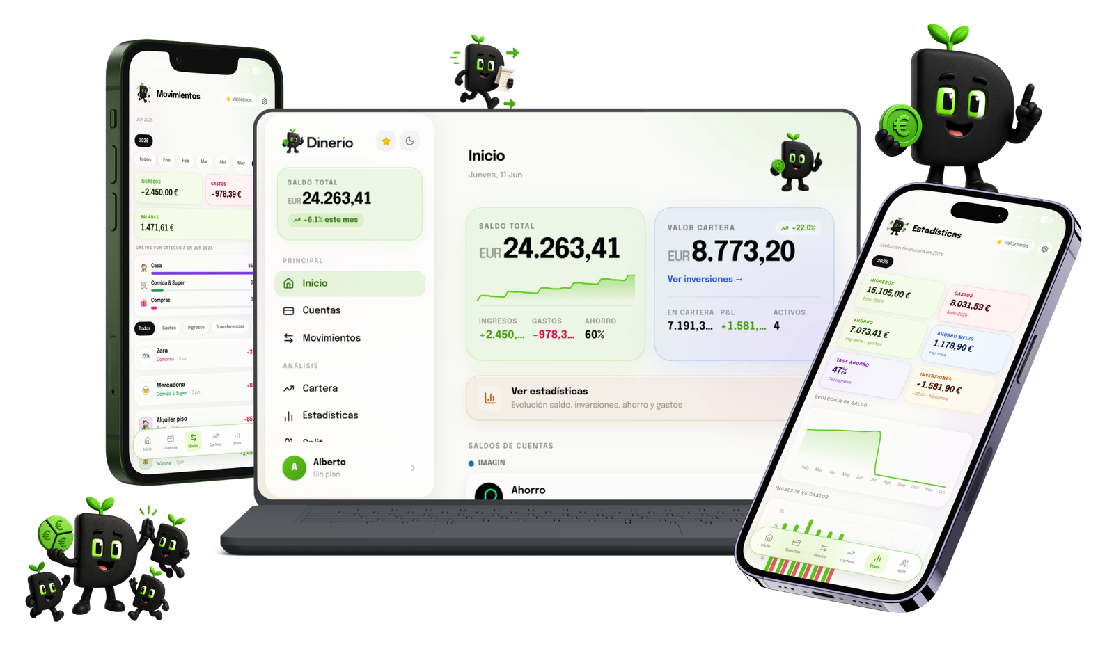 Dinerio: dashboard, movimientos, inversiones y estadísticas en portátil, móvil y tablet