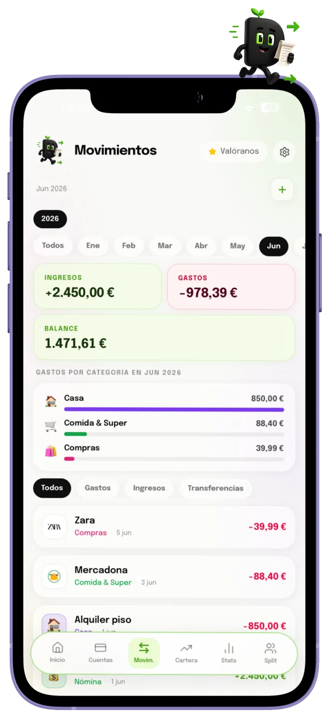Pantalla de movimientos en Dinerio