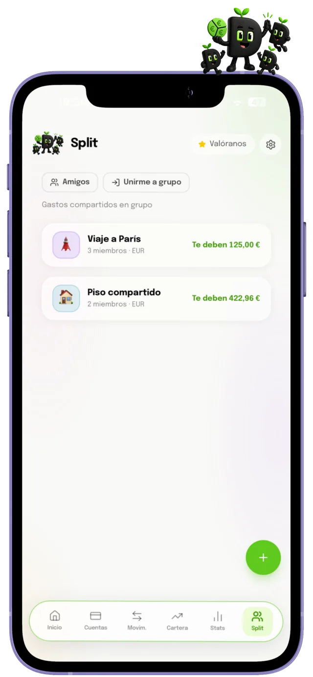 Pantalla de gastos compartidos (Split) en Dinerio